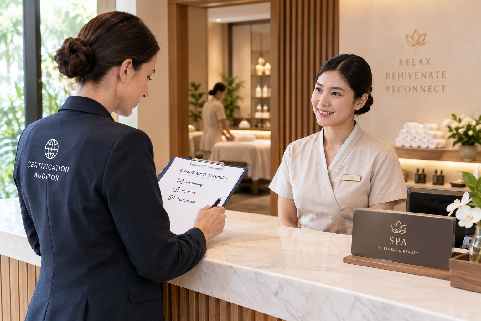 A spa reception desk during an on-site audit